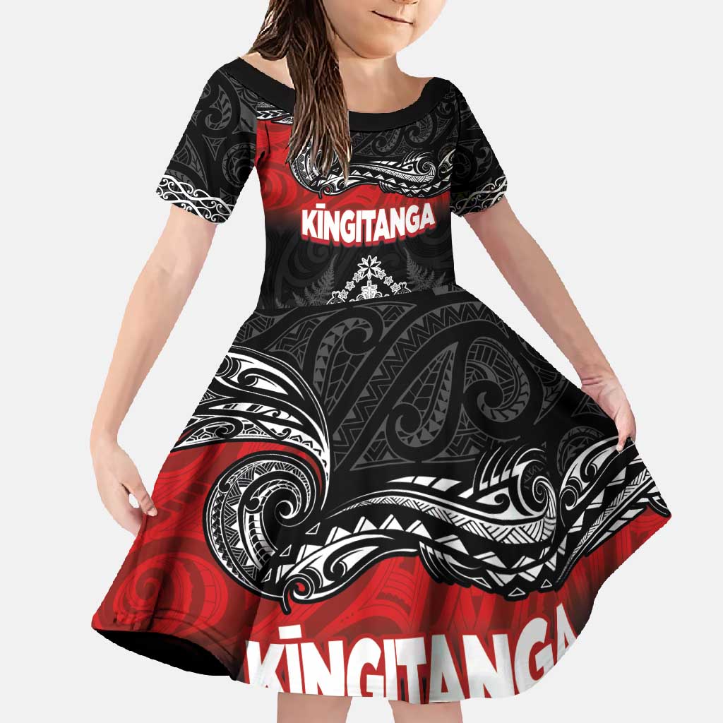Personalised Maori King Movement Family Matching Off Shoulder Maxi Dress and Hawaiian Shirt Te Paki-o-Matariki with Silver Ferns and Polynesian Art Tattoo LT03 Daughter's Dress Red - Polynesian Pride