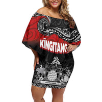 Personalised Maori King Movement Family Matching Off Shoulder Short Dress and Hawaiian Shirt Te Paki-o-Matariki with Silver Ferns and Polynesian Art Tattoo LT03 Mom's Dress Red - Polynesian Pride
