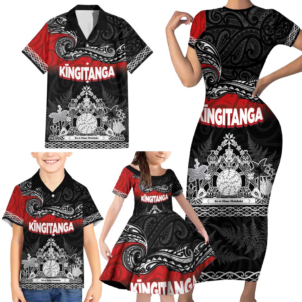 Personalised Maori King Movement Family Matching Short Sleeve Bodycon Dress and Hawaiian Shirt Te Paki-o-Matariki with Silver Ferns and Polynesian Art Tattoo LT03 - Polynesian Pride