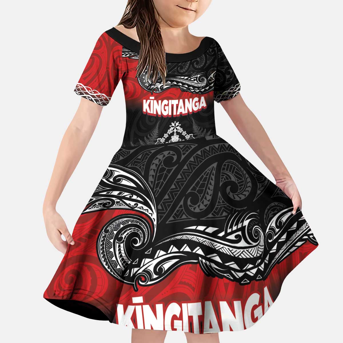Personalised Maori King Movement Kid Short Sleeve Dress Te Paki-o-Matariki with Silver Ferns and Polynesian Art Tattoo LT03 KID Red - Polynesian Pride
