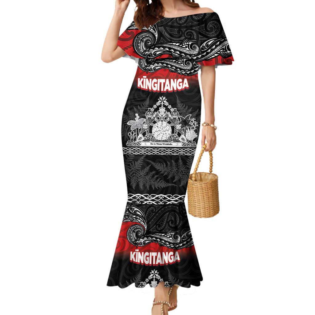Personalised Maori King Movement Mermaid Dress Te Paki-o-Matariki with Silver Ferns and Polynesian Art Tattoo LT03 Women Red - Polynesian Pride
