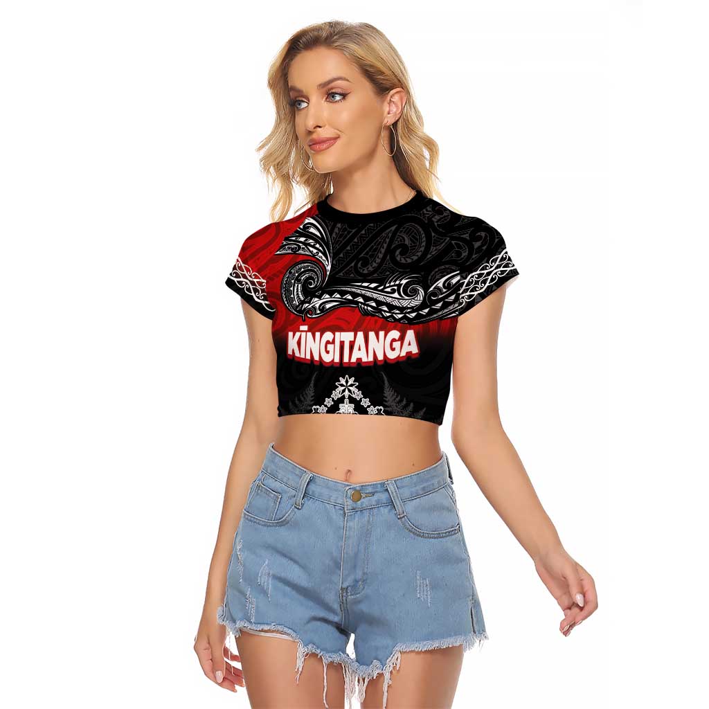 Personalised Maori King Movement Raglan Cropped T Shirt Te Paki-o-Matariki with Silver Ferns and Polynesian Art Tattoo LT03 Female Red - Polynesian Pride