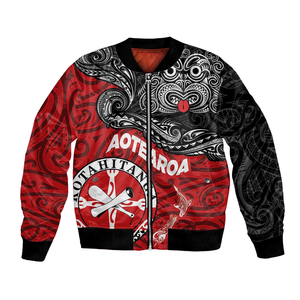 Maori Kotahitanga Bomber Jacket Aotearoa Spirit with Maori Mask and Polynesian Art Tattoo LT03 Unisex Red - Polynesian Pride