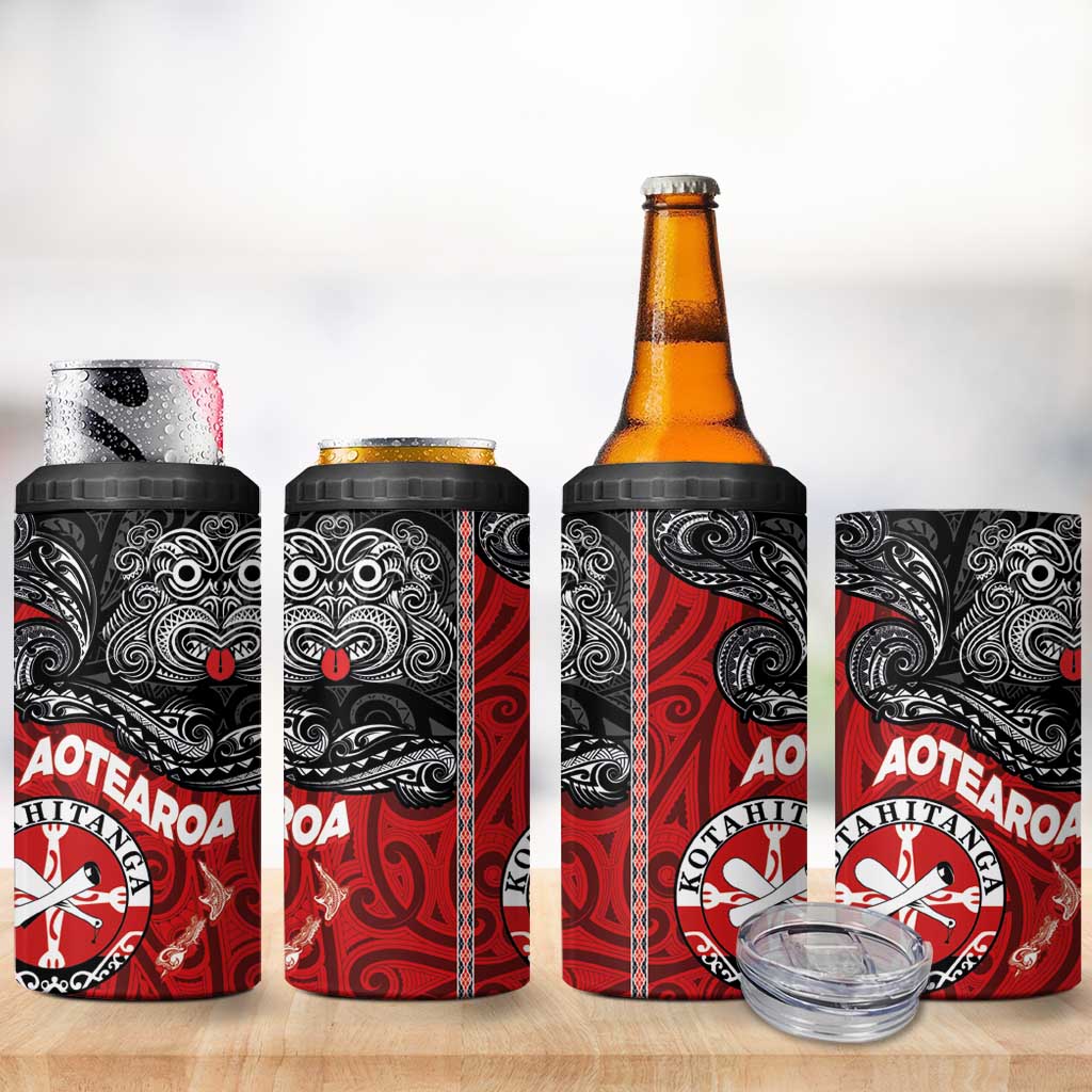Maori Kotahitanga 4 in 1 Can Cooler Tumbler Aotearoa Spirit with Maori Mask and Polynesian Art Tattoo LT03 - Polynesian Pride