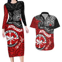 Maori Kotahitanga Couples Matching Long Sleeve Bodycon Dress and Hawaiian Shirt Aotearoa Spirit with Maori Mask and Polynesian Art Tattoo LT03 Red - Polynesian Pride