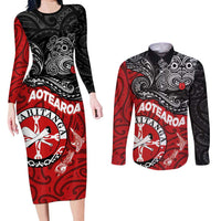 Maori Kotahitanga Couples Matching Long Sleeve Bodycon Dress and Long Sleeve Button Shirt Aotearoa Spirit with Maori Mask and Polynesian Art Tattoo LT03 Red - Polynesian Pride