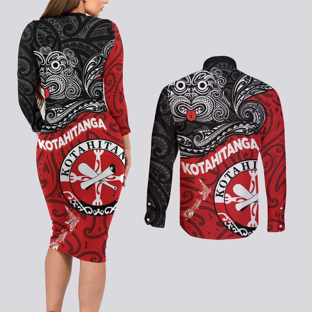 Maori Kotahitanga Couples Matching Long Sleeve Bodycon Dress and Long Sleeve Button Shirt Aotearoa Spirit with Maori Mask and Polynesian Art Tattoo LT03 - Polynesian Pride