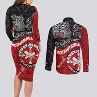 Maori Kotahitanga Couples Matching Long Sleeve Bodycon Dress and Long Sleeve Button Shirt Aotearoa Spirit with Maori Mask and Polynesian Art Tattoo LT03 - Polynesian Pride