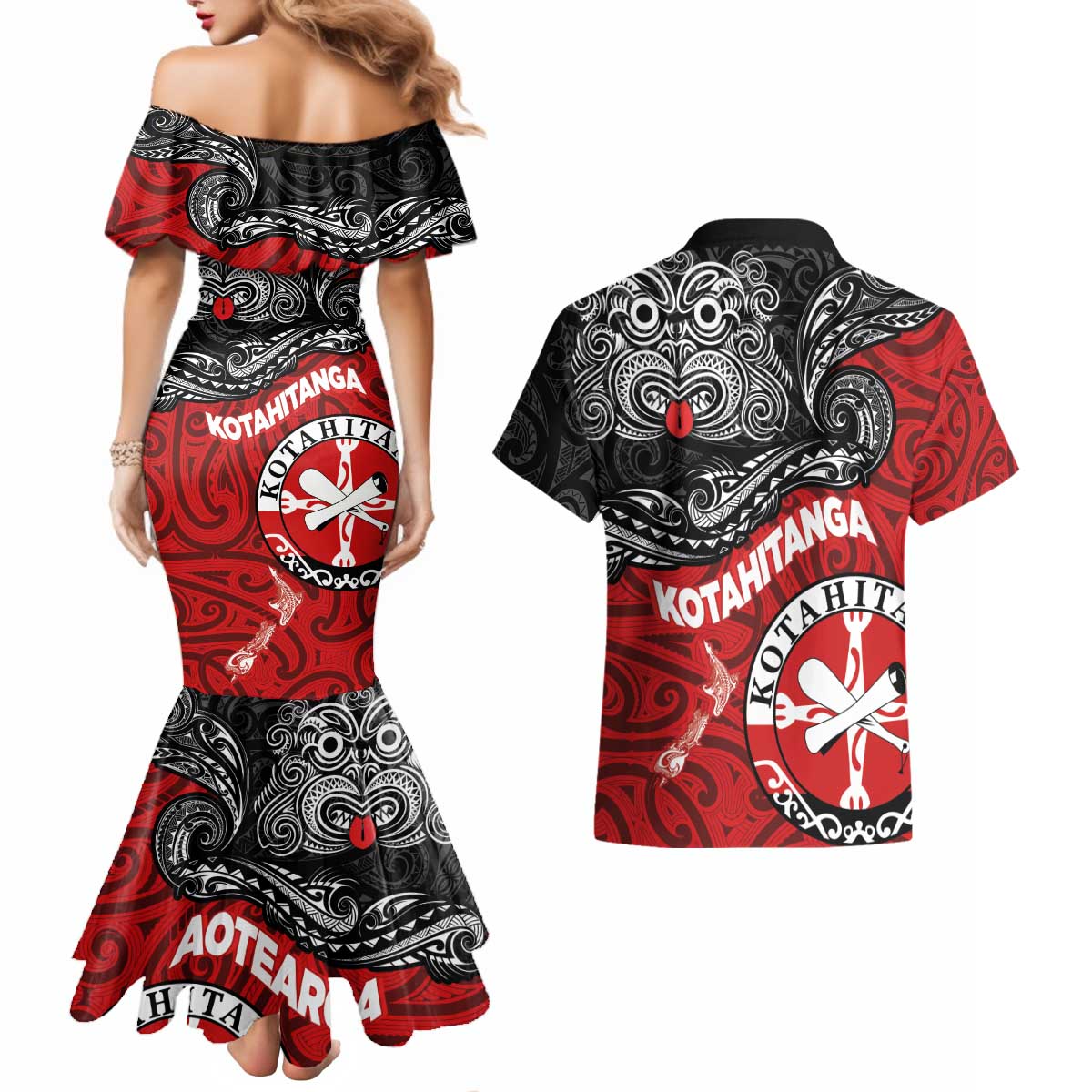 Maori Kotahitanga Couples Matching Mermaid Dress and Hawaiian Shirt Aotearoa Spirit with Maori Mask and Polynesian Art Tattoo LT03 - Polynesian Pride