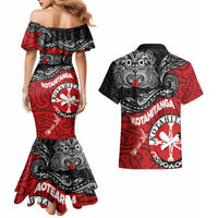 Maori Kotahitanga Couples Matching Mermaid Dress and Hawaiian Shirt Aotearoa Spirit with Maori Mask and Polynesian Art Tattoo LT03 - Polynesian Pride