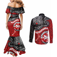 Maori Kotahitanga Couples Matching Mermaid Dress and Long Sleeve Button Shirt Aotearoa Spirit with Maori Mask and Polynesian Art Tattoo LT03 - Polynesian Pride