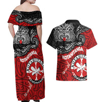 Maori Kotahitanga Couples Matching Off Shoulder Maxi Dress and Hawaiian Shirt Aotearoa Spirit with Maori Mask and Polynesian Art Tattoo LT03 - Polynesian Pride