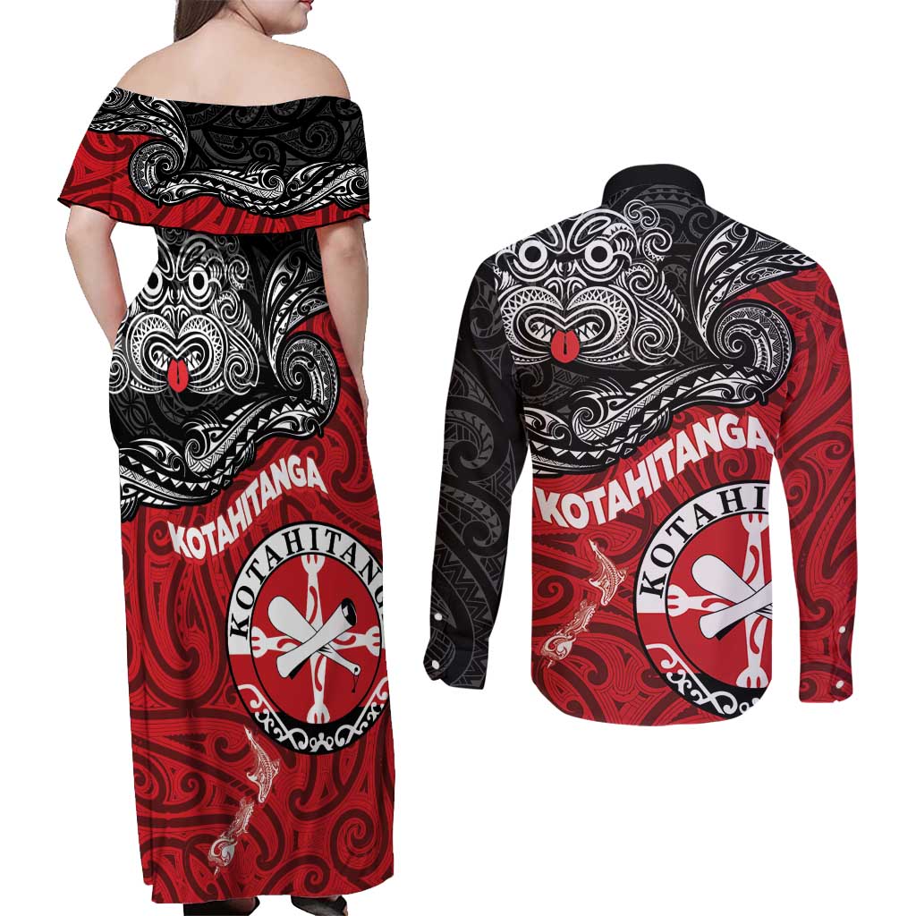 Maori Kotahitanga Couples Matching Off Shoulder Maxi Dress and Long Sleeve Button Shirt Aotearoa Spirit with Maori Mask and Polynesian Art Tattoo LT03 - Polynesian Pride