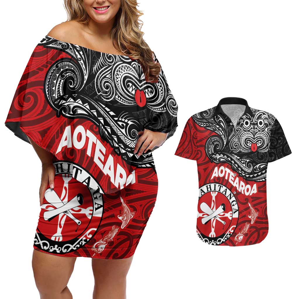 Maori Kotahitanga Couples Matching Off Shoulder Short Dress and Hawaiian Shirt Aotearoa Spirit with Maori Mask and Polynesian Art Tattoo LT03 Red - Polynesian Pride
