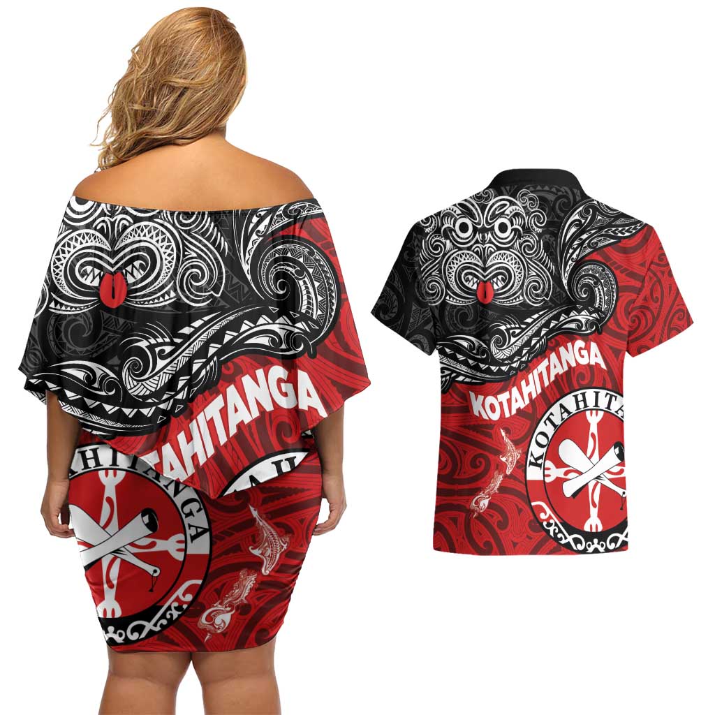 Maori Kotahitanga Couples Matching Off Shoulder Short Dress and Hawaiian Shirt Aotearoa Spirit with Maori Mask and Polynesian Art Tattoo LT03 - Polynesian Pride