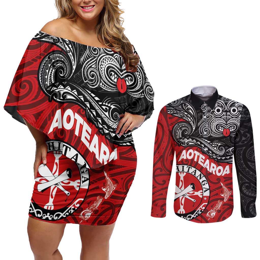 Maori Kotahitanga Couples Matching Off Shoulder Short Dress and Long Sleeve Button Shirt Aotearoa Spirit with Maori Mask and Polynesian Art Tattoo LT03 Red - Polynesian Pride