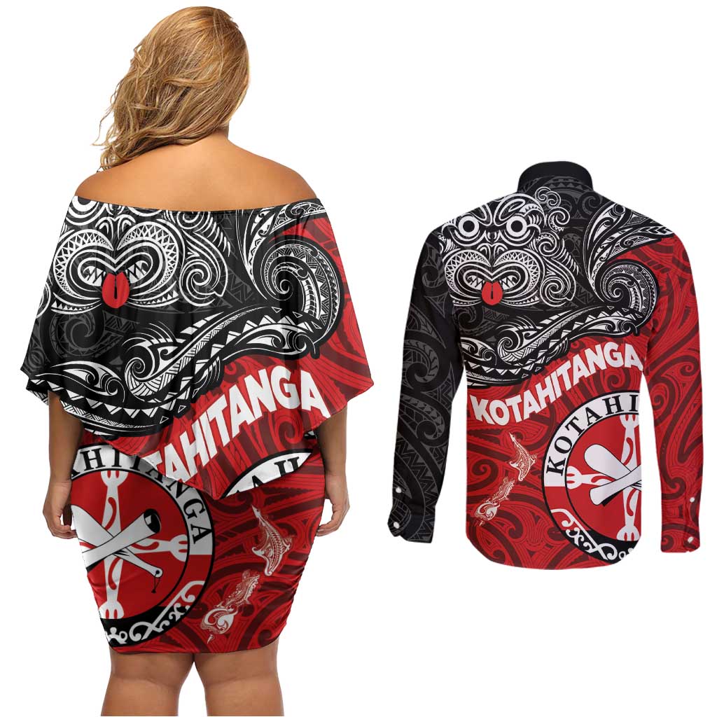 Maori Kotahitanga Couples Matching Off Shoulder Short Dress and Long Sleeve Button Shirt Aotearoa Spirit with Maori Mask and Polynesian Art Tattoo LT03 - Polynesian Pride