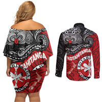 Maori Kotahitanga Couples Matching Off Shoulder Short Dress and Long Sleeve Button Shirt Aotearoa Spirit with Maori Mask and Polynesian Art Tattoo LT03 - Polynesian Pride