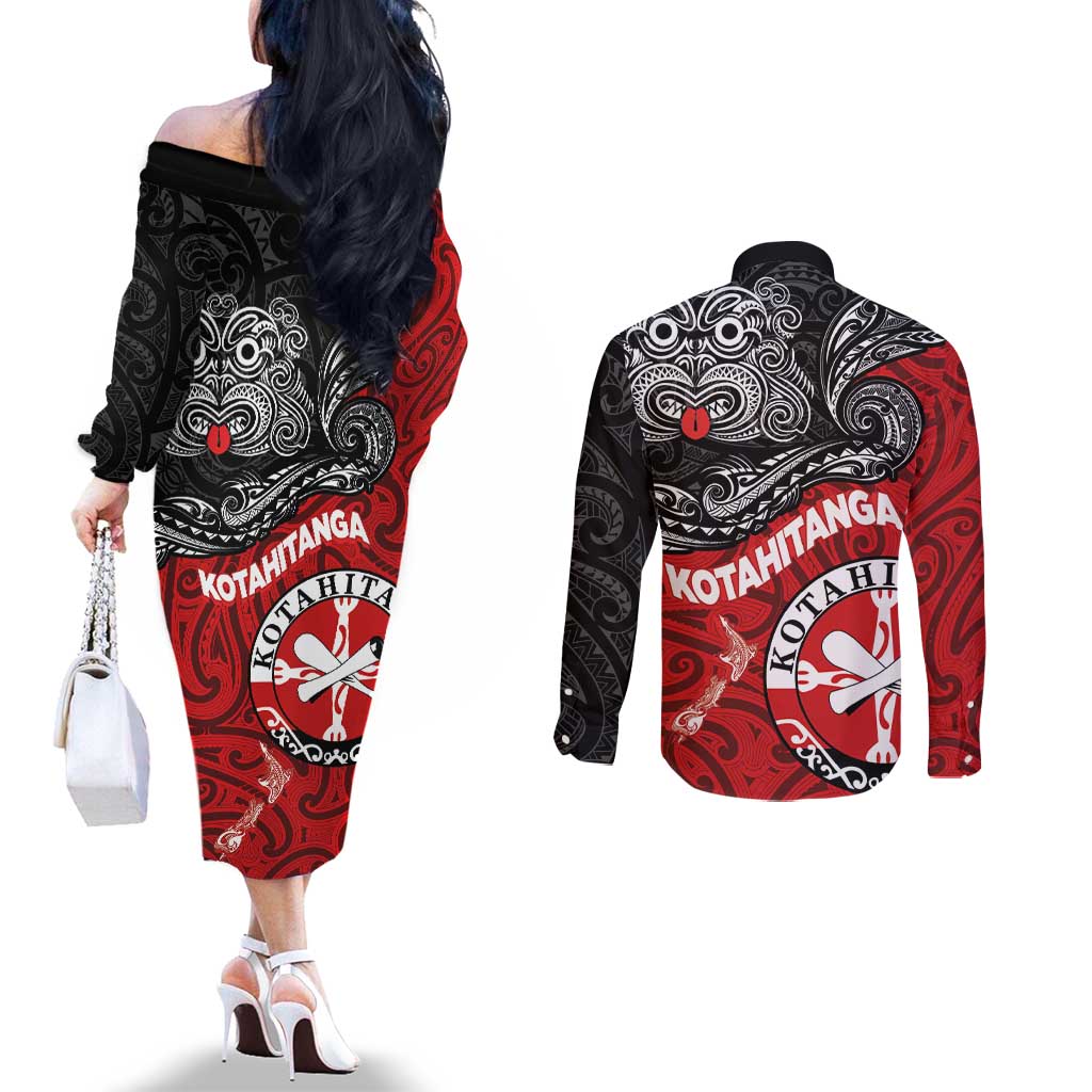 Maori Kotahitanga Couples Matching Off The Shoulder Long Sleeve Dress and Long Sleeve Button Shirt Aotearoa Spirit with Maori Mask and Polynesian Art Tattoo LT03 - Polynesian Pride