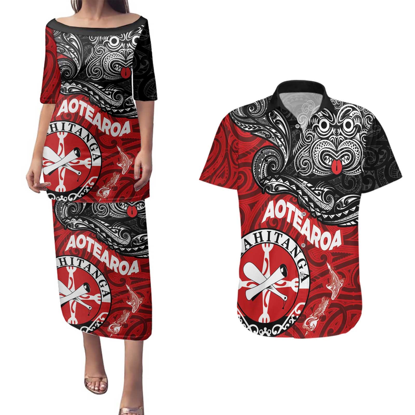 Maori Kotahitanga Couples Matching Puletasi and Hawaiian Shirt Aotearoa Spirit with Maori Mask and Polynesian Art Tattoo
