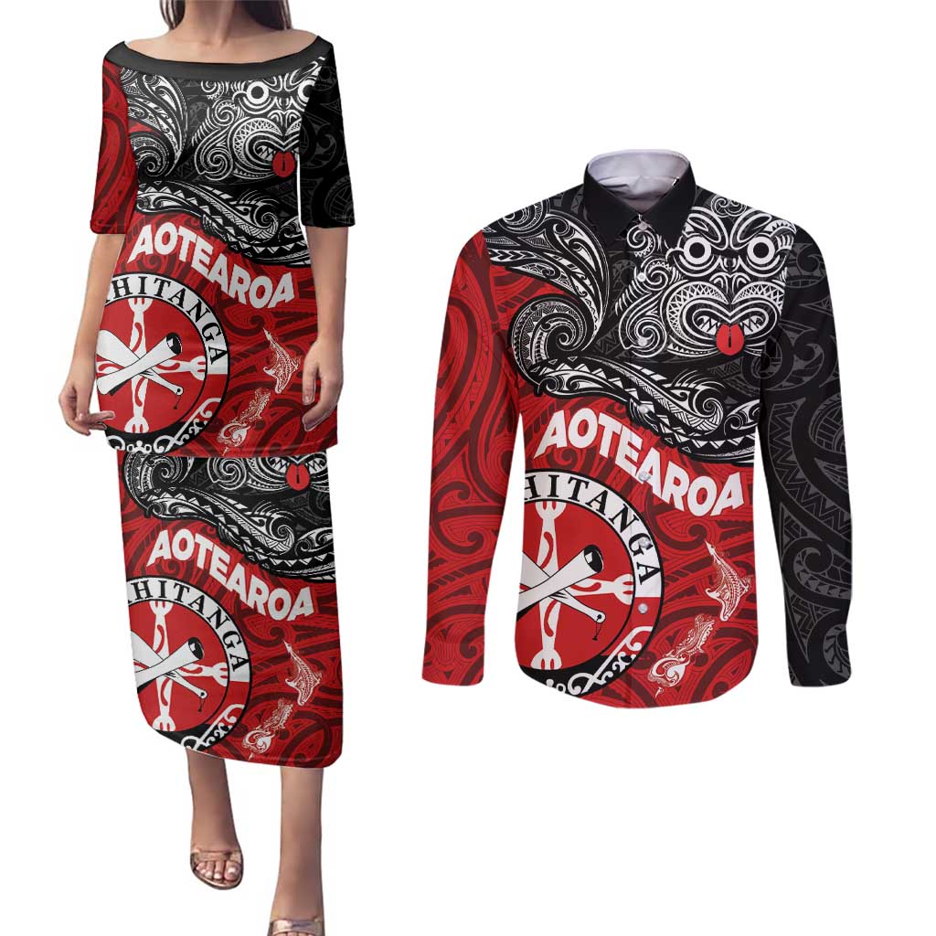 Maori Kotahitanga Couples Matching Puletasi and Long Sleeve Button Shirt Aotearoa Spirit with Maori Mask and Polynesian Art Tattoo LT03 Red - Polynesian Pride