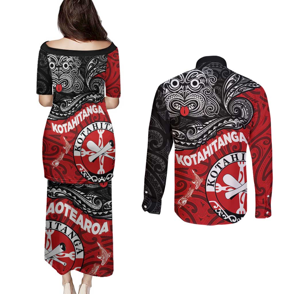 Maori Kotahitanga Couples Matching Puletasi and Long Sleeve Button Shirt Aotearoa Spirit with Maori Mask and Polynesian Art Tattoo LT03 - Polynesian Pride