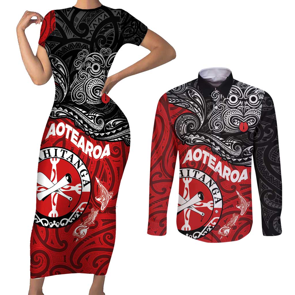 Maori Kotahitanga Couples Matching Short Sleeve Bodycon Dress and Long Sleeve Button Shirt Aotearoa Spirit with Maori Mask and Polynesian Art Tattoo LT03 Red - Polynesian Pride