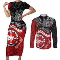 Maori Kotahitanga Couples Matching Short Sleeve Bodycon Dress and Long Sleeve Button Shirt Aotearoa Spirit with Maori Mask and Polynesian Art Tattoo LT03 Red - Polynesian Pride