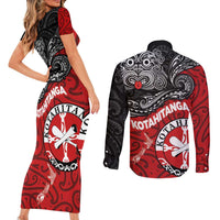 Maori Kotahitanga Couples Matching Short Sleeve Bodycon Dress and Long Sleeve Button Shirt Aotearoa Spirit with Maori Mask and Polynesian Art Tattoo LT03 - Polynesian Pride