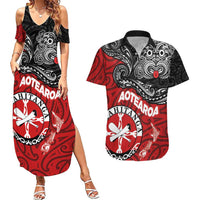 Maori Kotahitanga Couples Matching Summer Maxi Dress and Hawaiian Shirt Aotearoa Spirit with Maori Mask and Polynesian Art Tattoo LT03 Red - Polynesian Pride