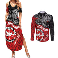 Maori Kotahitanga Couples Matching Summer Maxi Dress and Long Sleeve Button Shirt Aotearoa Spirit with Maori Mask and Polynesian Art Tattoo LT03 Red - Polynesian Pride