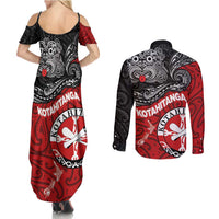 Maori Kotahitanga Couples Matching Summer Maxi Dress and Long Sleeve Button Shirt Aotearoa Spirit with Maori Mask and Polynesian Art Tattoo LT03 - Polynesian Pride