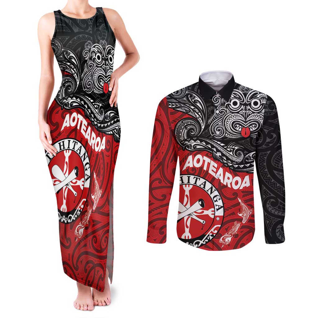 Maori Kotahitanga Couples Matching Tank Maxi Dress and Long Sleeve Button Shirt Aotearoa Spirit with Maori Mask and Polynesian Art Tattoo LT03 Red - Polynesian Pride