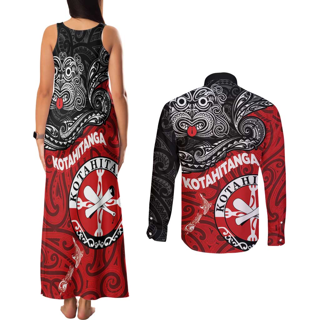 Maori Kotahitanga Couples Matching Tank Maxi Dress and Long Sleeve Button Shirt Aotearoa Spirit with Maori Mask and Polynesian Art Tattoo LT03 - Polynesian Pride