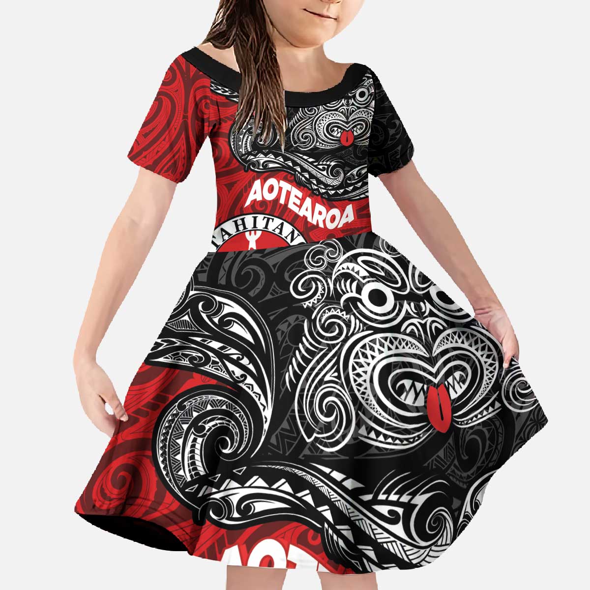 Maori Kotahitanga Family Matching Off The Shoulder Long Sleeve Dress and Hawaiian Shirt Aotearoa Spirit with Maori Mask and Polynesian Art Tattoo LT03 Daughter's Dress Red - Polynesian Pride