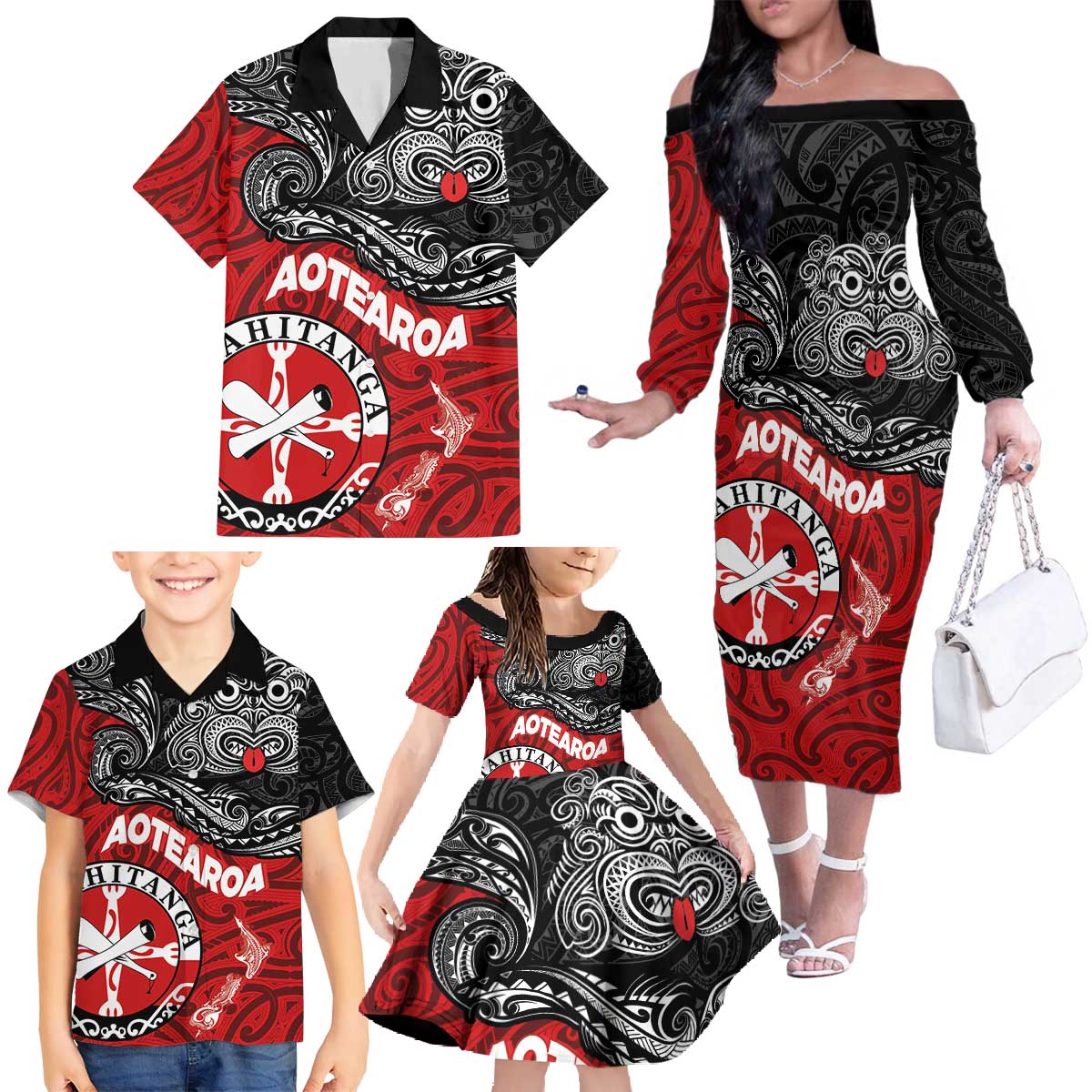 Maori Kotahitanga Family Matching Off The Shoulder Long Sleeve Dress and Hawaiian Shirt Aotearoa Spirit with Maori Mask and Polynesian Art Tattoo LT03 - Polynesian Pride