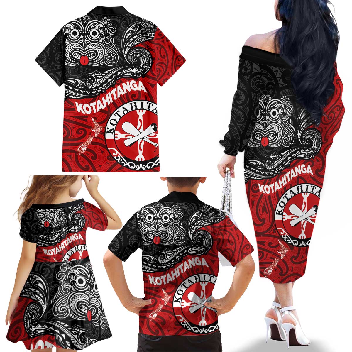 Maori Kotahitanga Family Matching Off The Shoulder Long Sleeve Dress and Hawaiian Shirt Aotearoa Spirit with Maori Mask and Polynesian Art Tattoo LT03 - Polynesian Pride