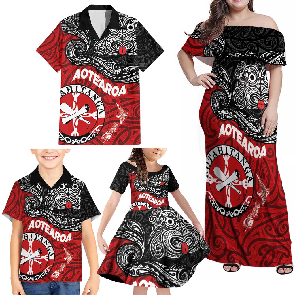 Maori Kotahitanga Family Matching Off Shoulder Maxi Dress and Hawaiian Shirt Aotearoa Spirit with Maori Mask and Polynesian Art Tattoo LT03 - Polynesian Pride