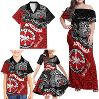 Maori Kotahitanga Family Matching Off Shoulder Maxi Dress and Hawaiian Shirt Aotearoa Spirit with Maori Mask and Polynesian Art Tattoo LT03 - Polynesian Pride