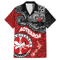 Maori Kotahitanga Family Matching Off Shoulder Maxi Dress and Hawaiian Shirt Aotearoa Spirit with Maori Mask and Polynesian Art Tattoo LT03 Dad's Shirt - Short Sleeve Red - Polynesian Pride