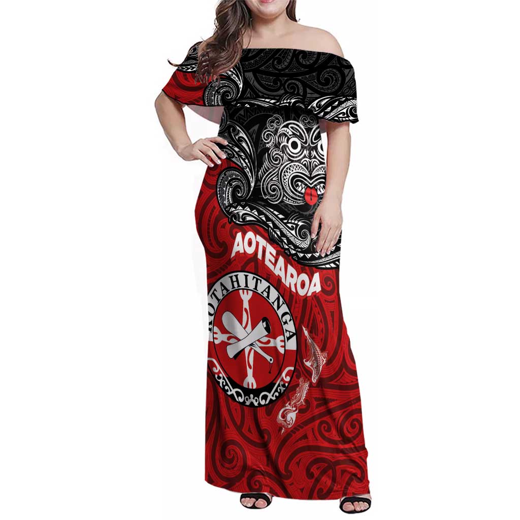 Maori Kotahitanga Family Matching Off Shoulder Maxi Dress and Hawaiian Shirt Aotearoa Spirit with Maori Mask and Polynesian Art Tattoo LT03 Mom's Dress Red - Polynesian Pride