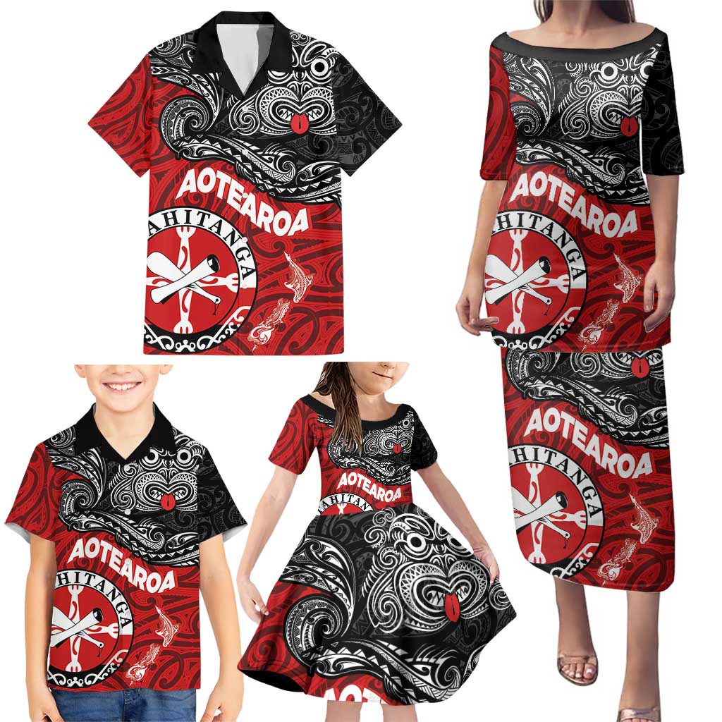 Maori Kotahitanga Family Matching Puletasi and Hawaiian Shirt Aotearoa Spirit with Maori Mask and Polynesian Art Tattoo LT03 - Polynesian Pride