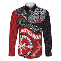 Maori Kotahitanga Family Matching Puletasi and Hawaiian Shirt Aotearoa Spirit with Maori Mask and Polynesian Art Tattoo LT03 Dad's Shirt - Long Sleeve Red - Polynesian Pride