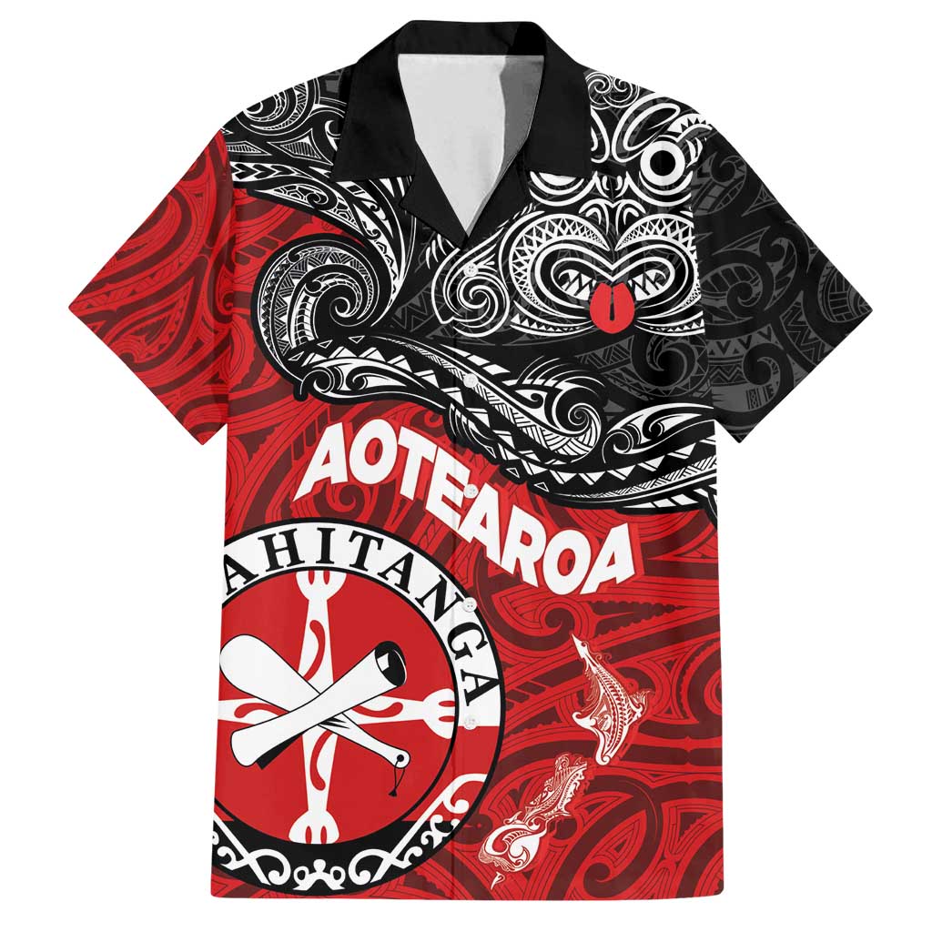 Maori Kotahitanga Family Matching Summer Maxi Dress and Hawaiian Shirt Aotearoa Spirit with Maori Mask and Polynesian Art Tattoo LT03 Dad's Shirt - Short Sleeve Red - Polynesian Pride