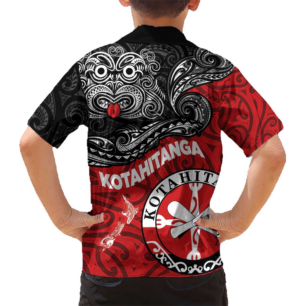 Maori Kotahitanga Kid Hawaiian Shirt Aotearoa Spirit with Maori Mask and Polynesian Art Tattoo LT03 - Polynesian Pride