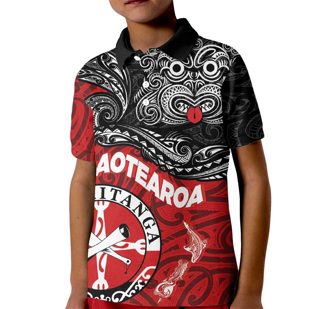 Maori Kotahitanga Kid Polo Shirt Aotearoa Spirit with Maori Mask and Polynesian Art Tattoo LT03 Kid Red - Polynesian Pride