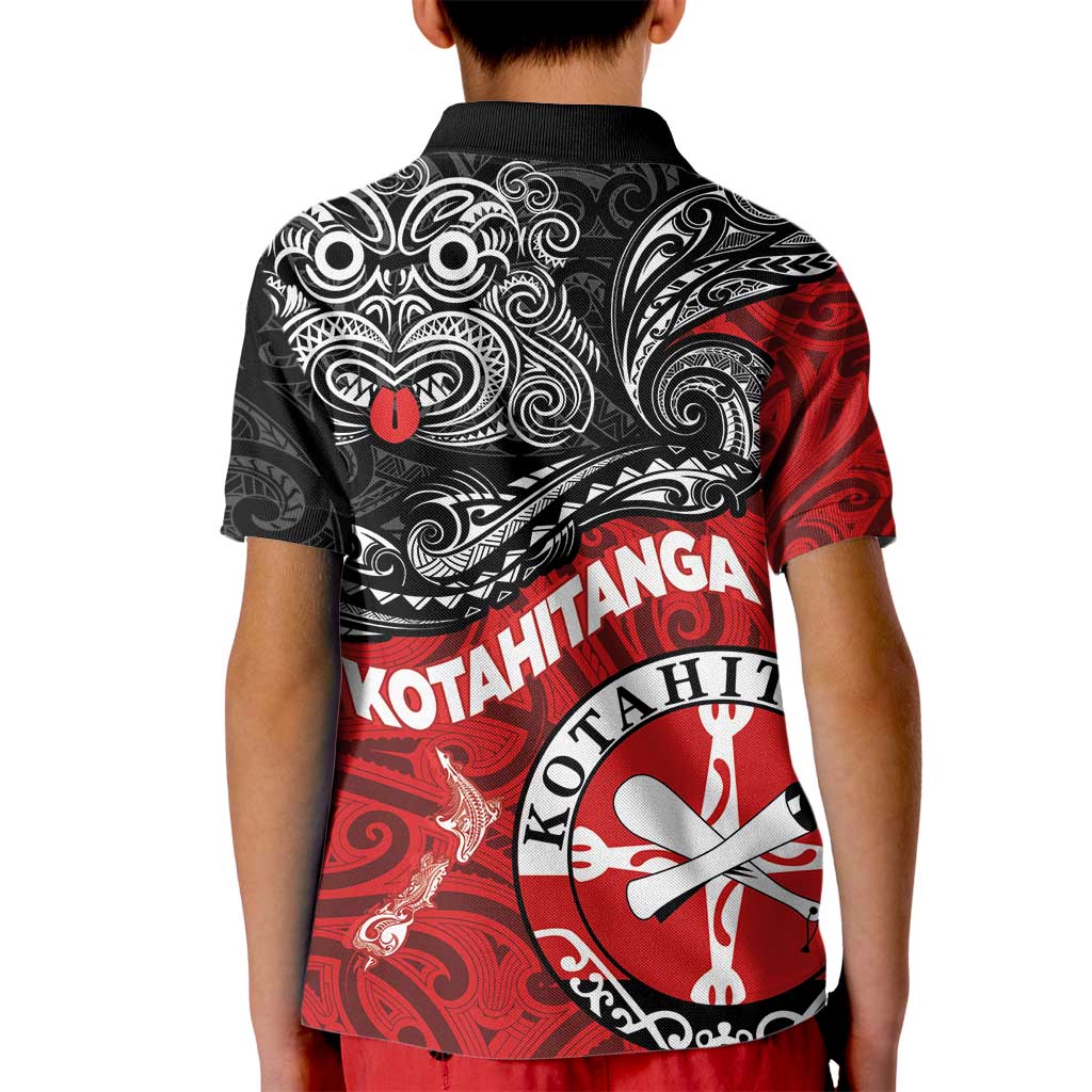 Maori Kotahitanga Kid Polo Shirt Aotearoa Spirit with Maori Mask and Polynesian Art Tattoo LT03 - Polynesian Pride