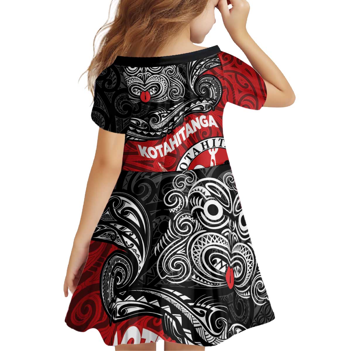 Maori Kotahitanga Kid Short Sleeve Dress Aotearoa Spirit with Maori Mask and Polynesian Art Tattoo LT03 - Polynesian Pride