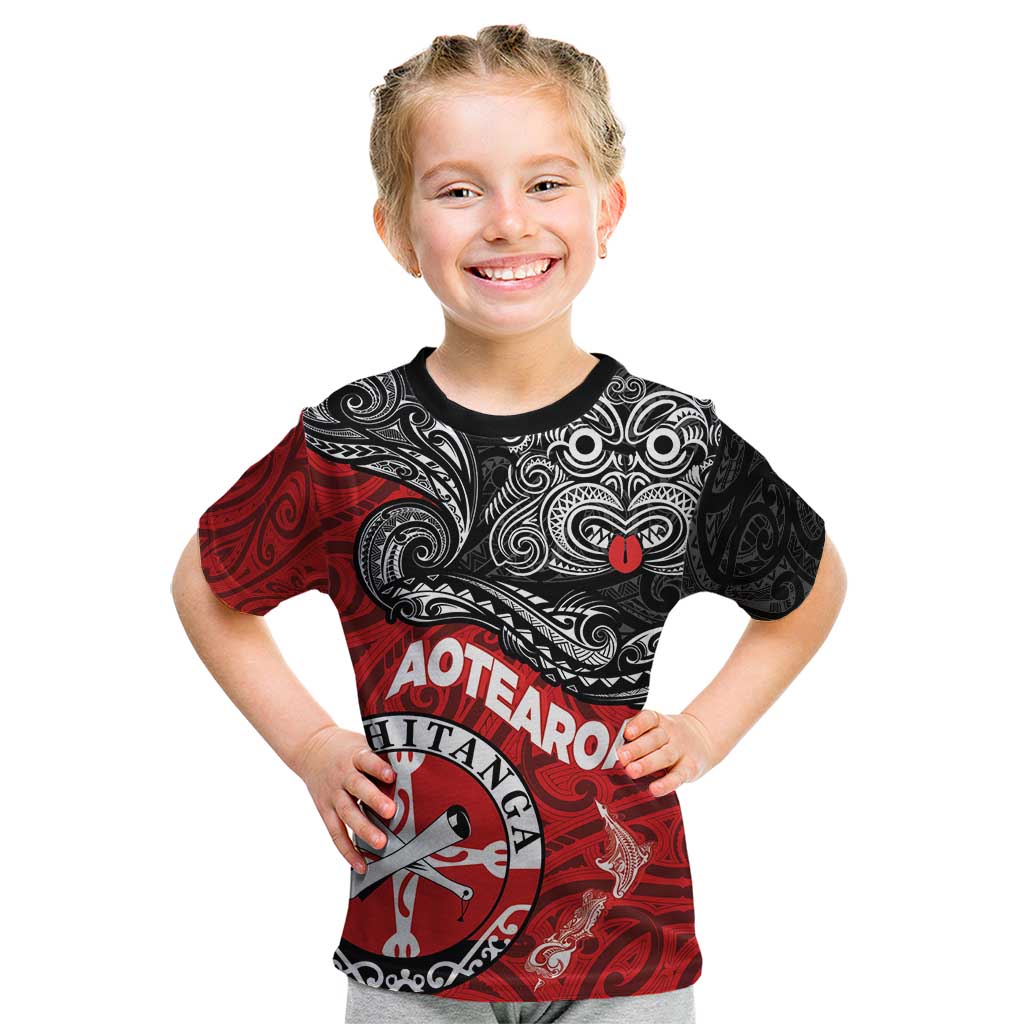Maori Kotahitanga Kid T Shirt Aotearoa Spirit with Maori Mask and Polynesian Art Tattoo LT03 Red - Polynesian Pride