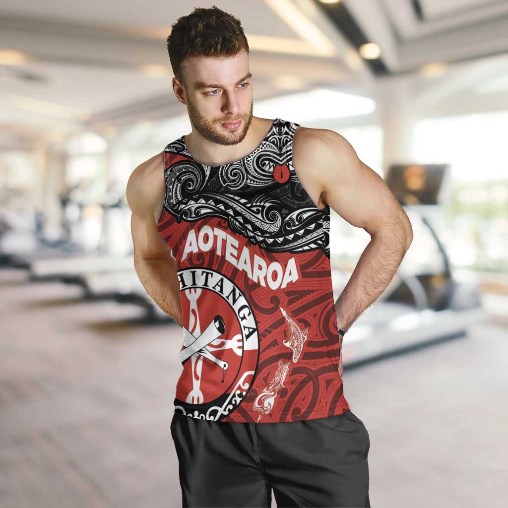 Maori Kotahitanga Men Tank Top Aotearoa Spirit with Maori Mask and Polynesian Art Tattoo LT03 Red - Polynesian Pride
